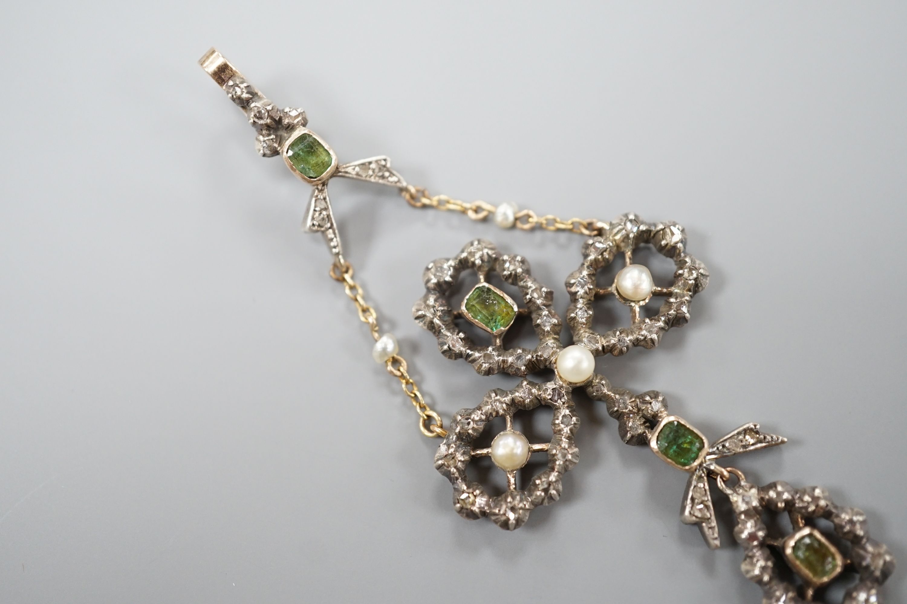 A 19th century continental, yellow and white metal, rose cut diamond, seed pearl and gem set drop pendant, 75mm, gross weight 10.4 grams.